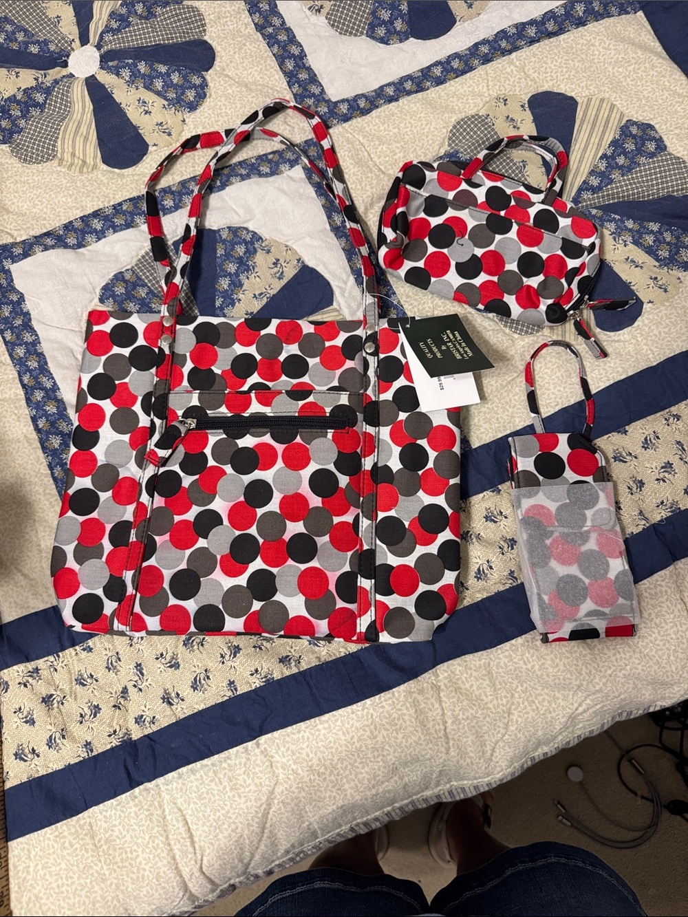 Polka Dot Red & Black Tote with Matching Pouch and Phone Holder